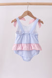 Blue stripe seersucker crab embroidery swimsuit