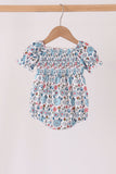 Blue floral smocked ruffle bubble