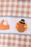 Brown turkey pumpkin embroidery gingham romper