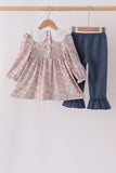 Floral smocked lace ruffle pants set