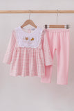 Pink plaid print turkey embroidery girl set