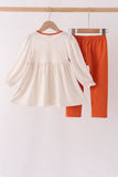 Cream turkey pumpkin embroidery bow pants set