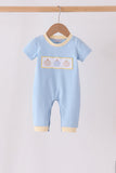Blue pumpkin embroidery romper