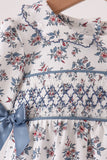 Teal floral smocked bow bubble