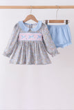 Blue Floral Bow Smocked Bloomer Set