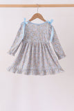 Blue Floral Bow Smocked Ruffle Dress