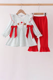 Gray stripe santa french knot ruffle pants set