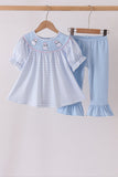 Blue ghost embroidery gingham ruffle pants set
