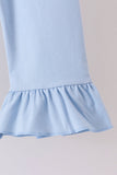 Blue ghost embroidery gingham ruffle pants set