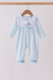 Blue train embroidery gingham romper
