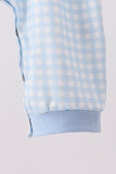 Blue train embroidery gingham romper