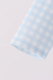 Blue train embroidery gingham romper