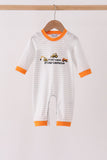 Gray stripe construction vehicle embroidery romper