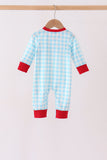 Blue puppy embroidery gingham romper