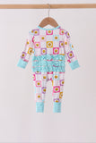 Blue smiling checkered ruffle bamboo romper