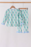 Green santa print ruffle pajama set