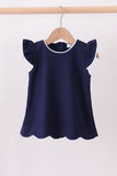 Navy flutter sleeve scalloped top