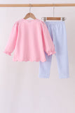 Pink turkey embroidery scalloped pants set