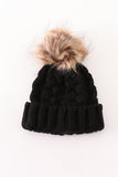 Black pompom cable beanie hat