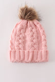 Pink pompom cable beanie hat