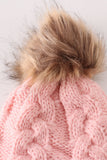 Pink pompom cable beanie hat