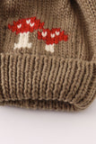 Brown pompom mushroom cable beanie hat