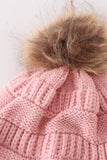 Pink pompom cable beanie hat