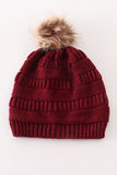 Burgundy pompom cable beanie hat