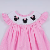 Pink character hand smocked dot ruffle dress
