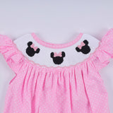 Pink character hand smocked dot ruffle bubble