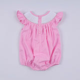 Pink character hand smocked dot ruffle bubble