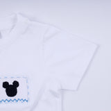 Blue character hand smocked gingham shorts set