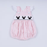 Pink character hand smocked gingham ruffle bubble