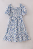 Blue smocked floral print mom dress