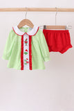 Green christmas grinch embroidery girl bloomers set