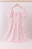 Pink bow hydrangea smocked women dress