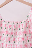 Pink bow hydrangea smocked women dress