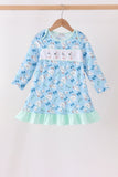Blue goose bow embroidery ruffle dress