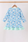 Blue goose bow embroidery ruffle dress