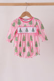 Pink christmas tree embroidery stripe bow bubble
