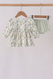 Sage floral smocked ruffle bloomer set