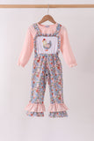 Pink Chicken Applique Jumpsuit Set