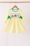 Green Farm Cow Embroidery Stripe  Dress