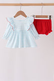 Blue Stripe Holly Jolly Ruffle Bloomer Set