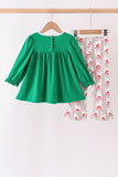Green Santa Embroidery Ruffle Pants Set