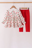 Red Holly Bow Smocked Lace Ruffle Pants Set