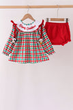Red Character Embroidery Gingham Bloomer Set