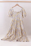 Floral print puff sleeve tiered dress