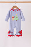 Blue christmas tree puppy embroidery stripe ruffle romper